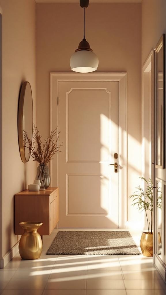 Stylish apartment entryway with warm colors, natural light, and elegant decor.