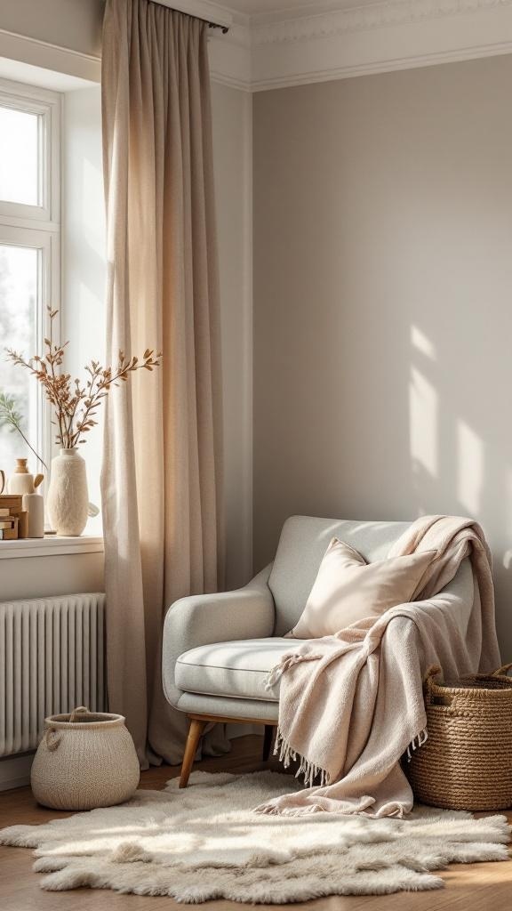 A cozy reading nook with a soft chair, warm curtains, and a small decorative basket.