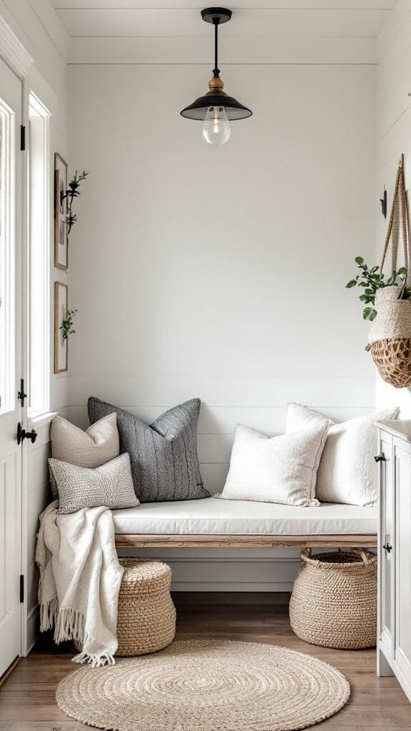 Cozy seating nook in a farmhouse entryway with cushions, a round rug, and natural light.