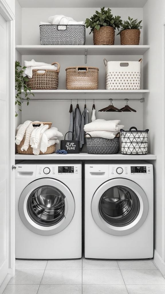 A stylish laundry room with organized shelves, decorative bins, and plants.