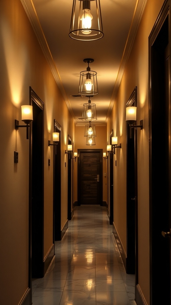 A narrow hallway illuminated with warm lighting from wall sconces and overhead fixtures.