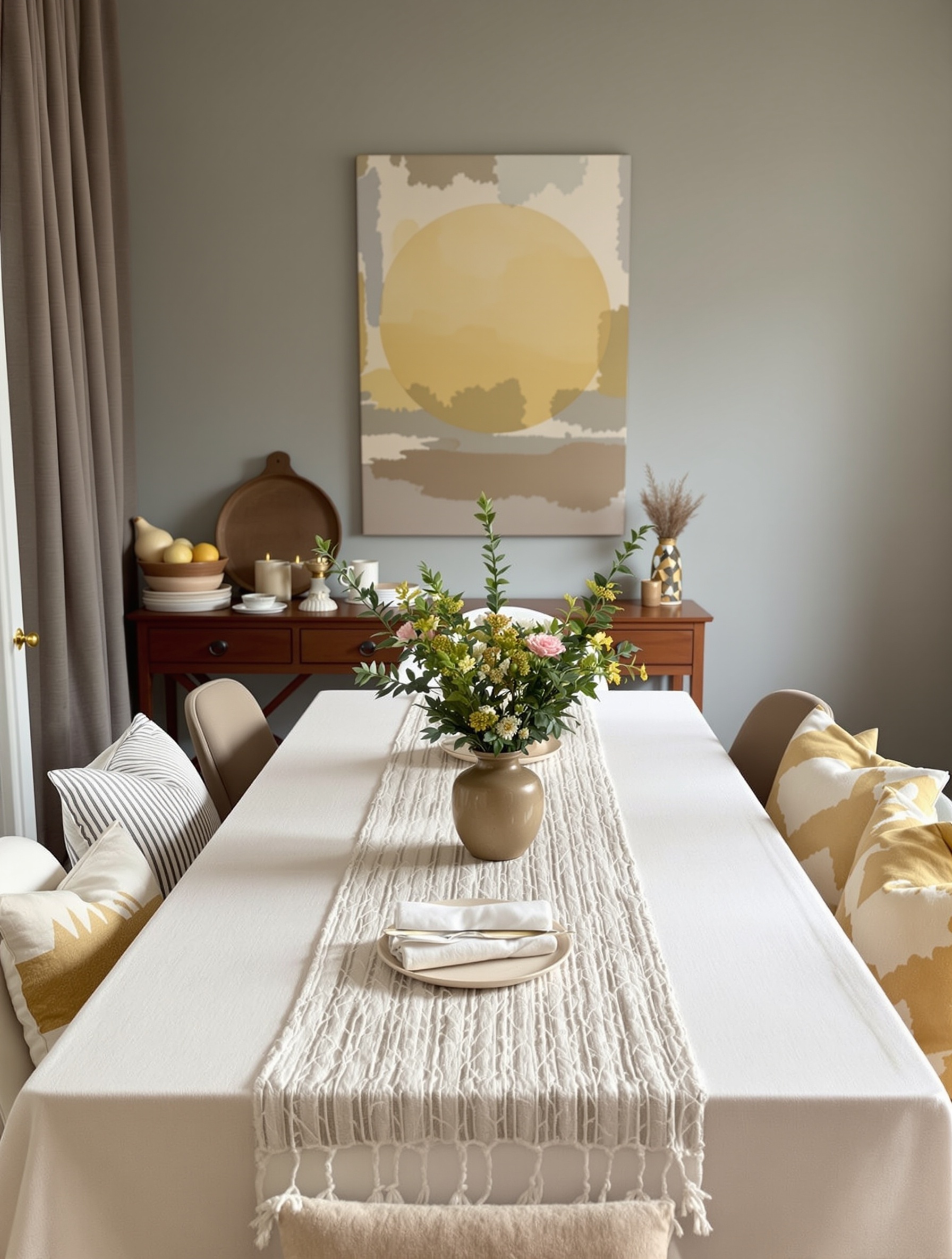 A cozy dining room setup featuring a wooden table with layered textiles, soft cushions, and decorative wall hangings.