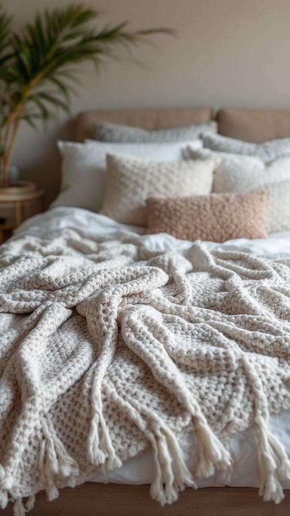 Cozy bedroom with layered textures including a chunky knit blanket and fluffy pillows.