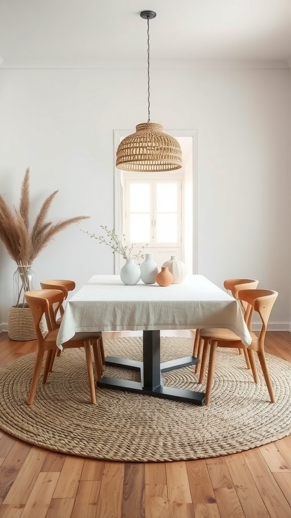 A minimalist dining room featuring a round table with a linen tablecloth, wooden chair, woven rug, and decorative vases.