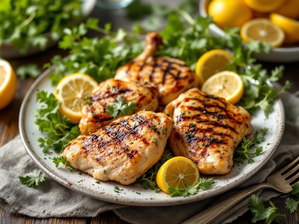 Grilled chicken with lemon slices and herbs on a plate