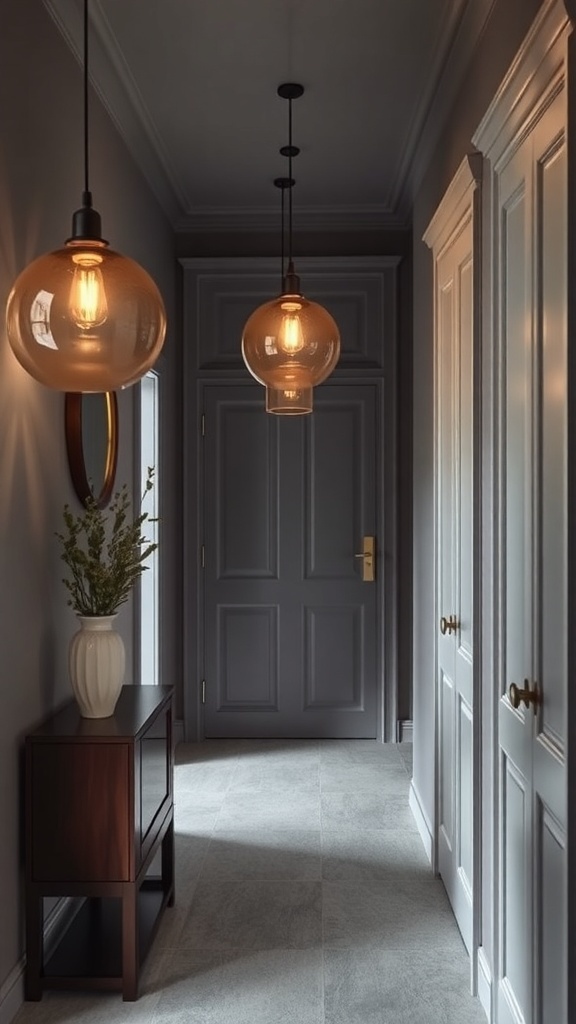 Stylish grey hallway with modern pendant lights and wall sconces