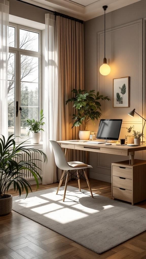 A well-lit Japandi Home Office featuring natural light, a desk, and plants