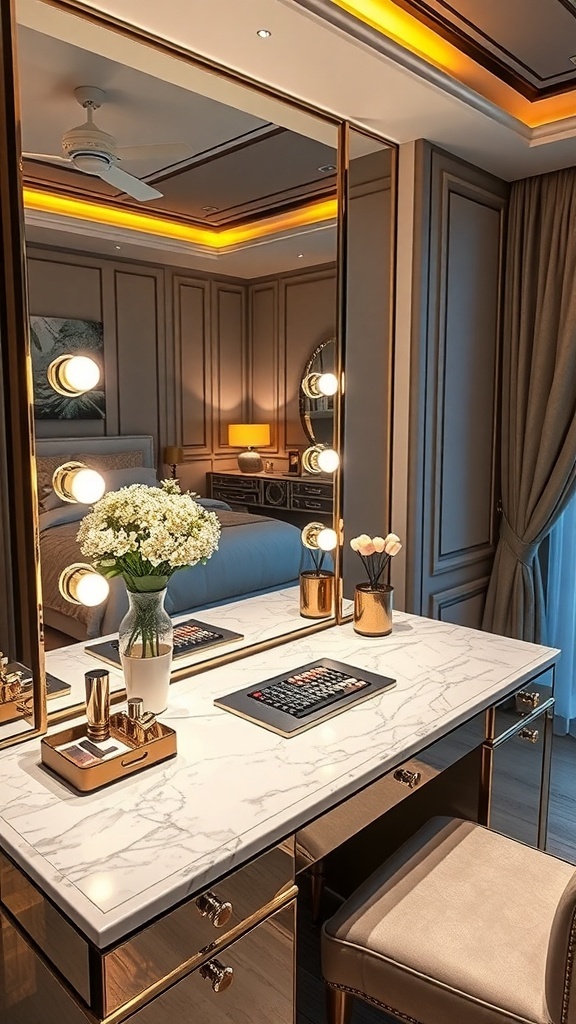 Luxurious marble vanity with round mirror and gold accents in a stylish bedroom setting.
