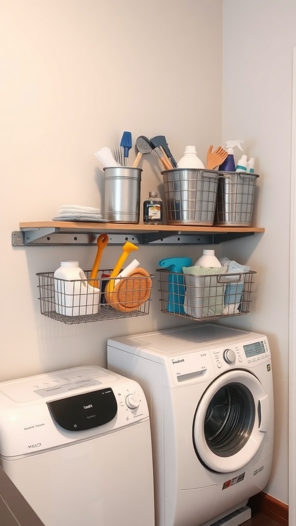 Magnetic storage solution with a metal tray and baskets for laundry essentials