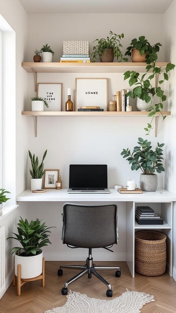 A cozy tiny home office with a desk, laptop, plants, and organized shelves.