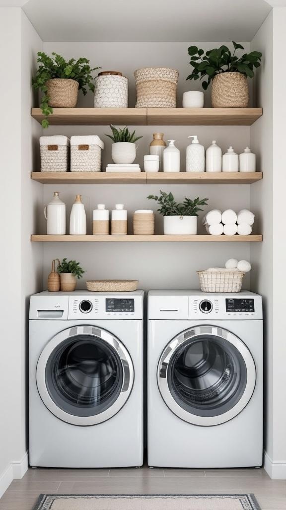 A small laundry room with stacked shelves above a washer and dryer, featuring plants and neatly organized storage containers.