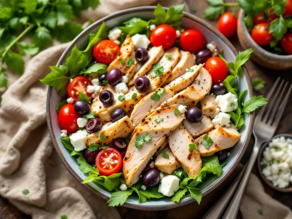 A bowl of Mediterranean chicken salad with grilled chicken, cherry tomatoes, olives, and feta cheese on a bed of greens.