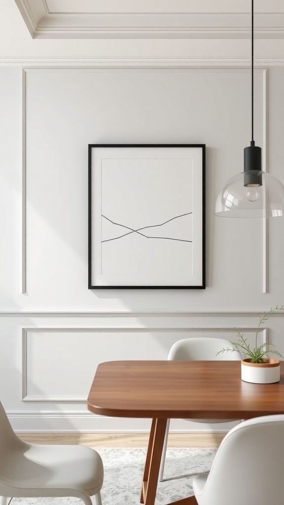 A minimalist dining room with a blank canvas framed on the wall, surrounded by simple decor.