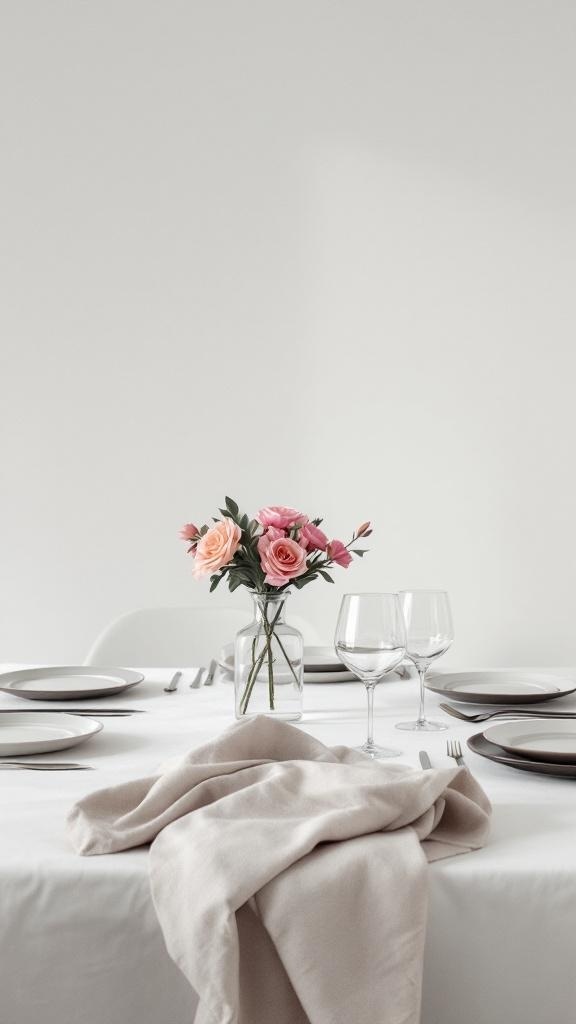 A minimalist dining table setting with a white tablecloth, a vase of pink and peach roses, glassware, and simple plates.