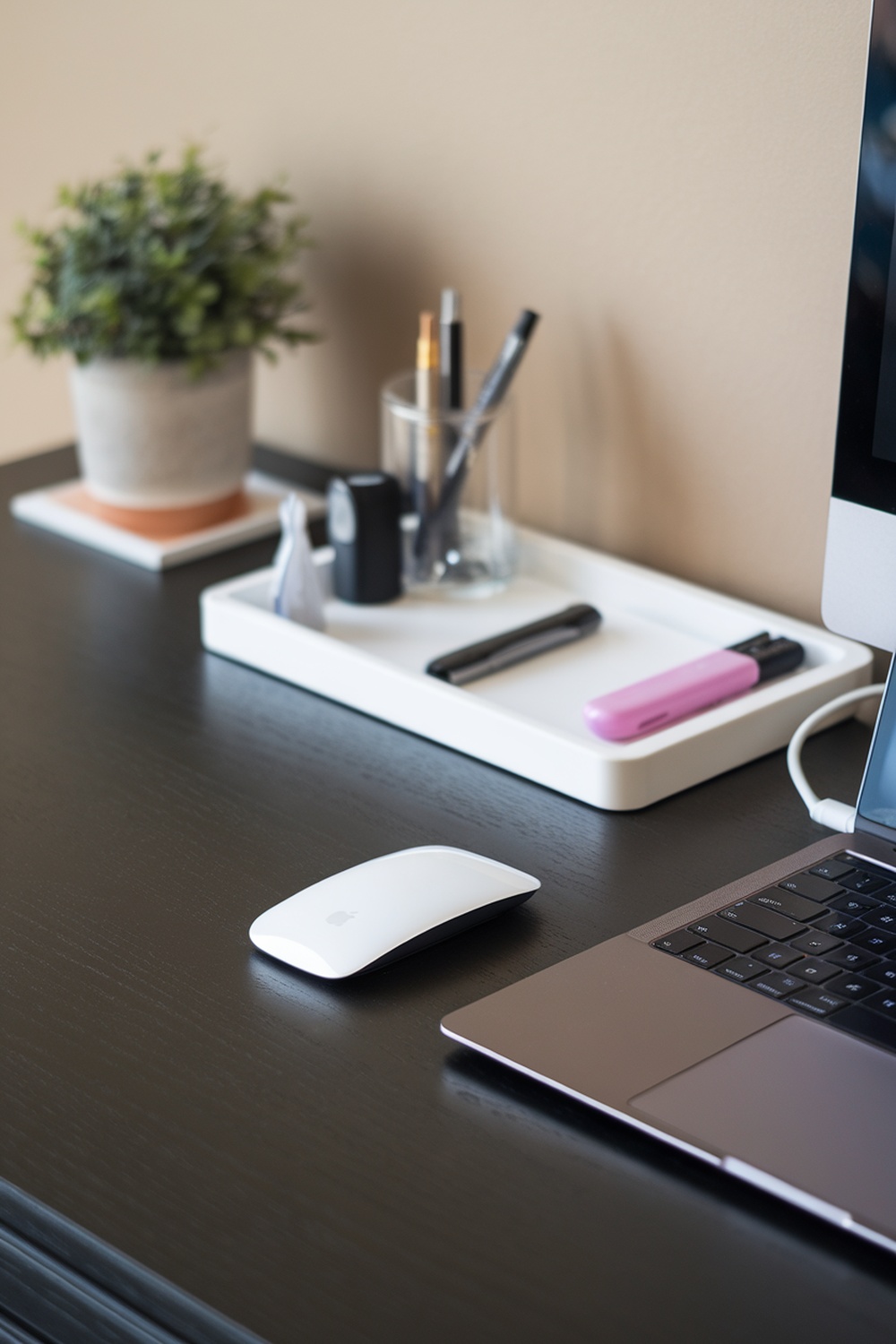 A minimalist home office setup featuring a laptop, mouse, and organized desk accessories.
