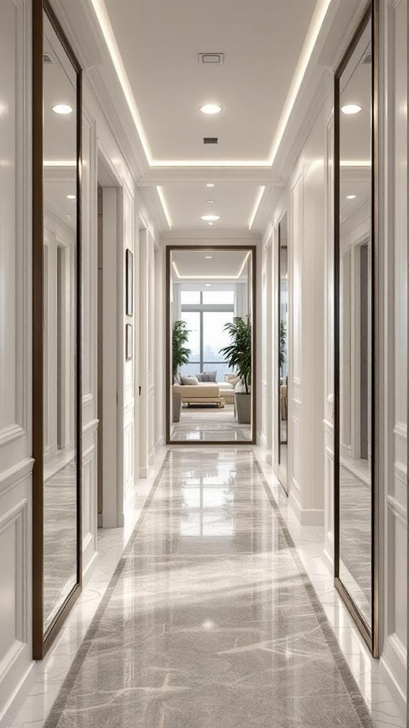 A stylish narrow hallway featuring large mirrors on both sides, bright lighting, and modern decor.
