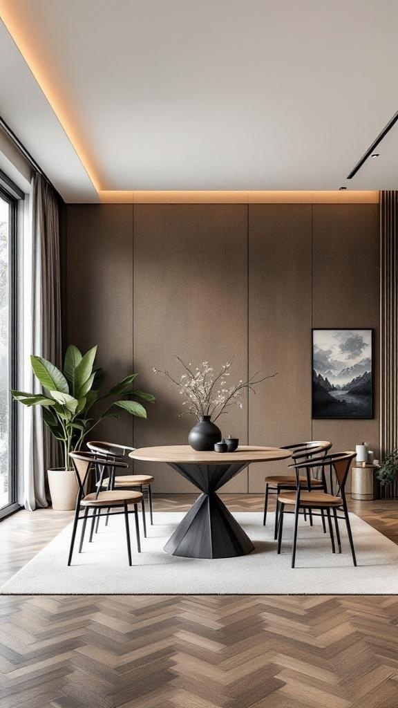 A minimalist dining room featuring a wooden table with a black base, wooden chairs, and a vase with branches.