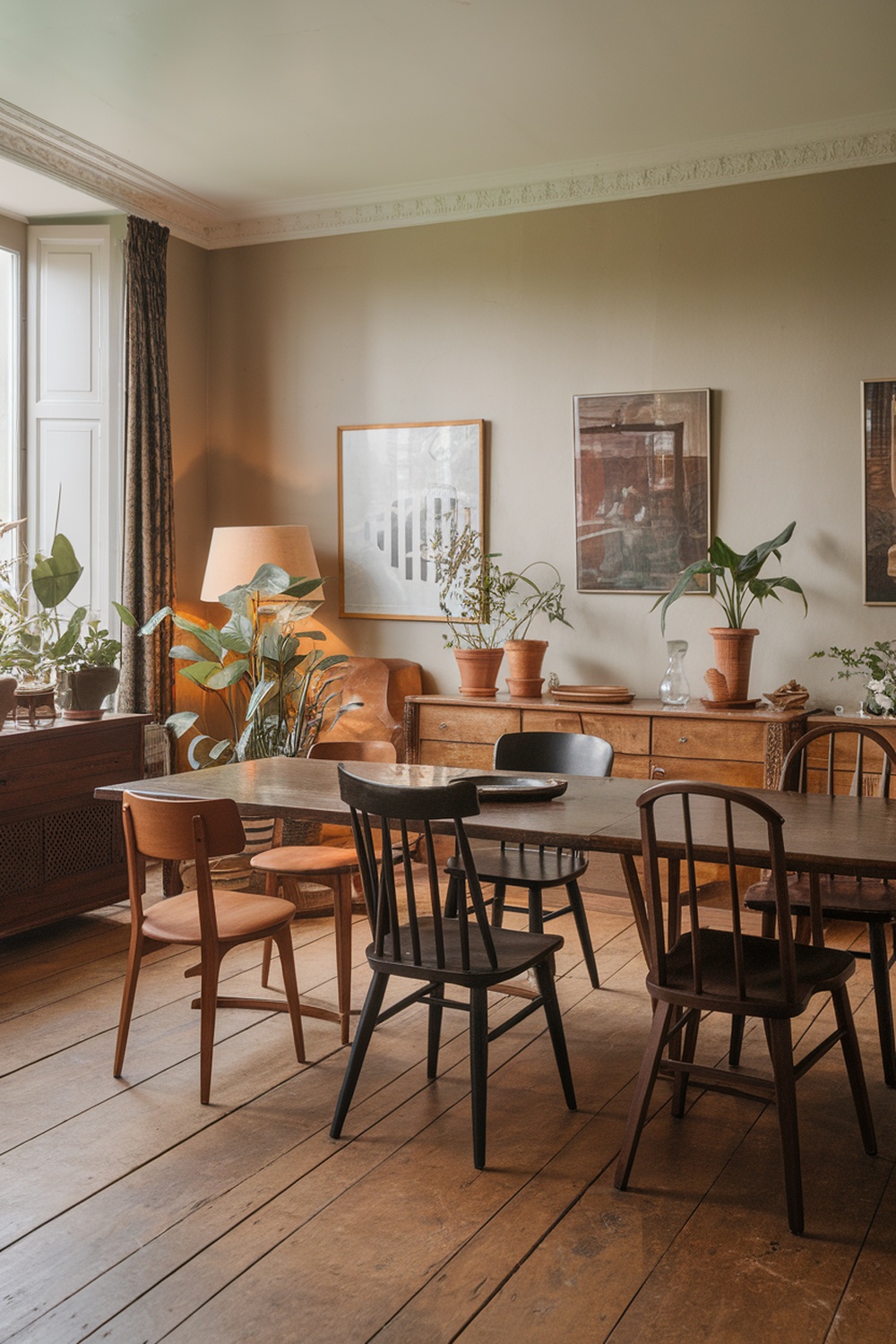 A cozy dining room featuring a mix of vintage and modern furniture, with plants and artwork.