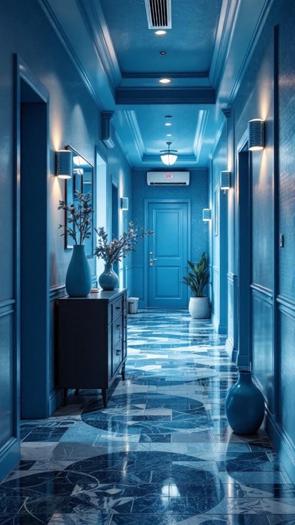 Stylish blue hallway with different shades of blue, featuring a modern design and decorative elements.