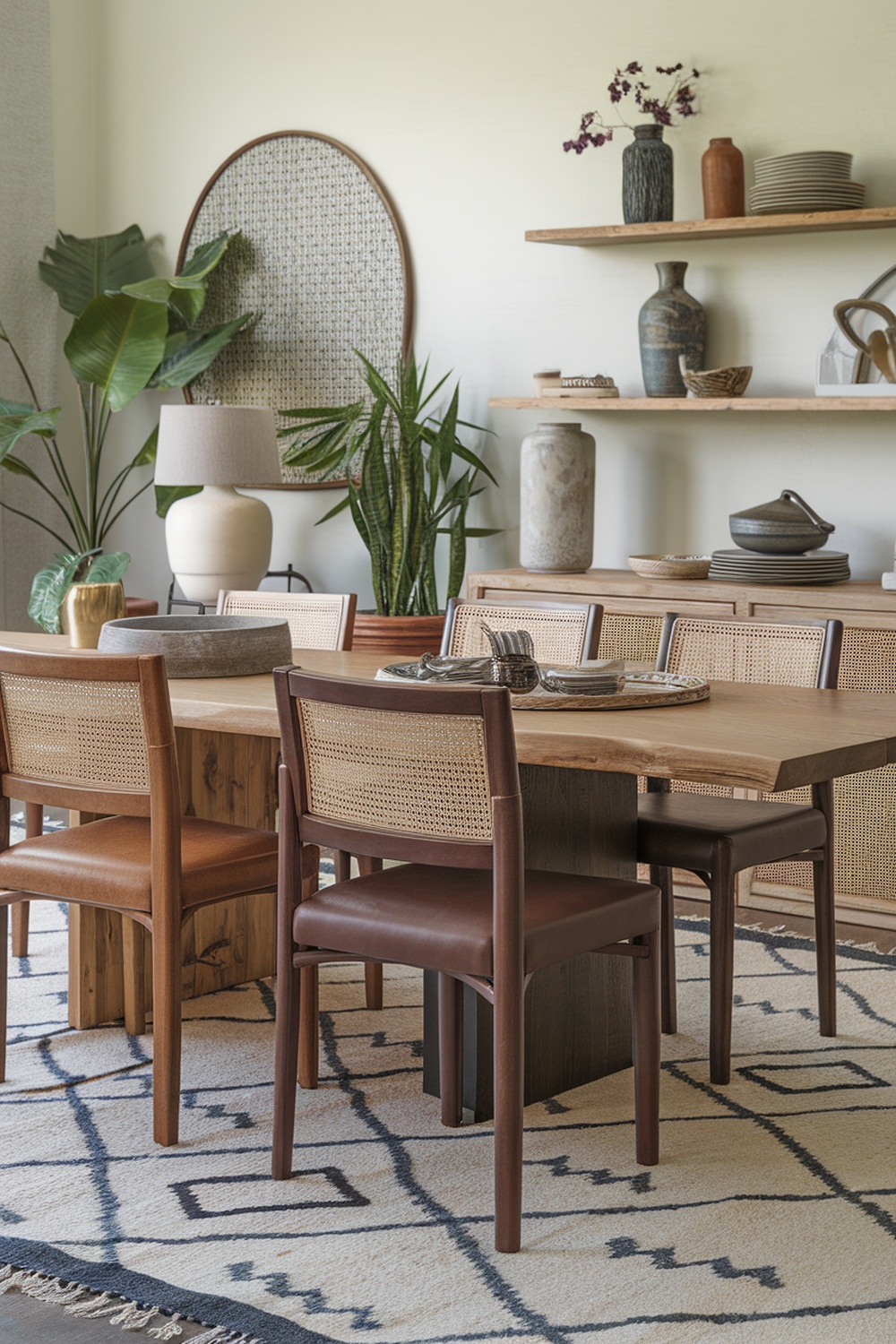 A stylish dining room featuring a wooden table, mixed texture chairs, and decorative elements.