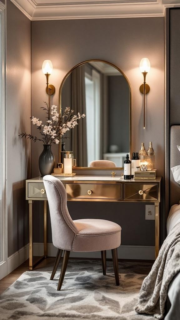A modern glamorous vanity with a gold table, round mirror, and pink chair in a stylish bedroom.