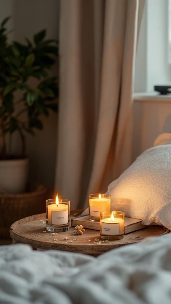 Cozy bedroom with scented candles on a wooden tray, creating a warm and inviting atmosphere.