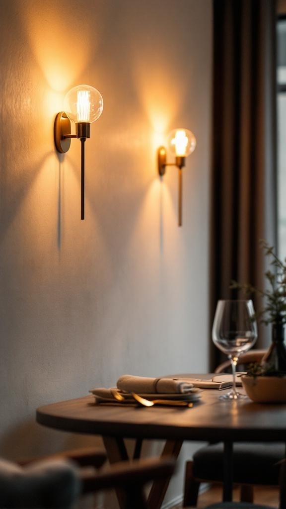 Two wall sconces emitting warm light on a dining room wall, enhancing the decor.