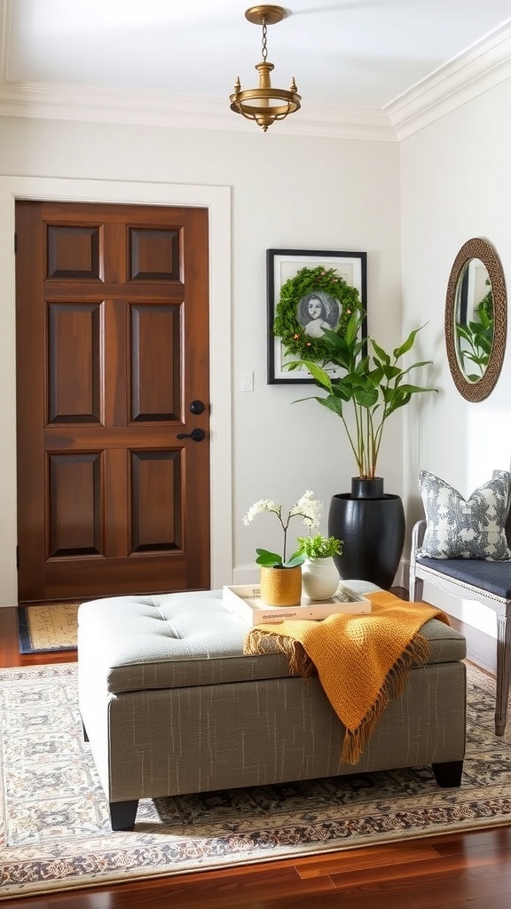 Stylish apartment entryway featuring a multi-functional bench with storage, a plant, and wall hooks.
