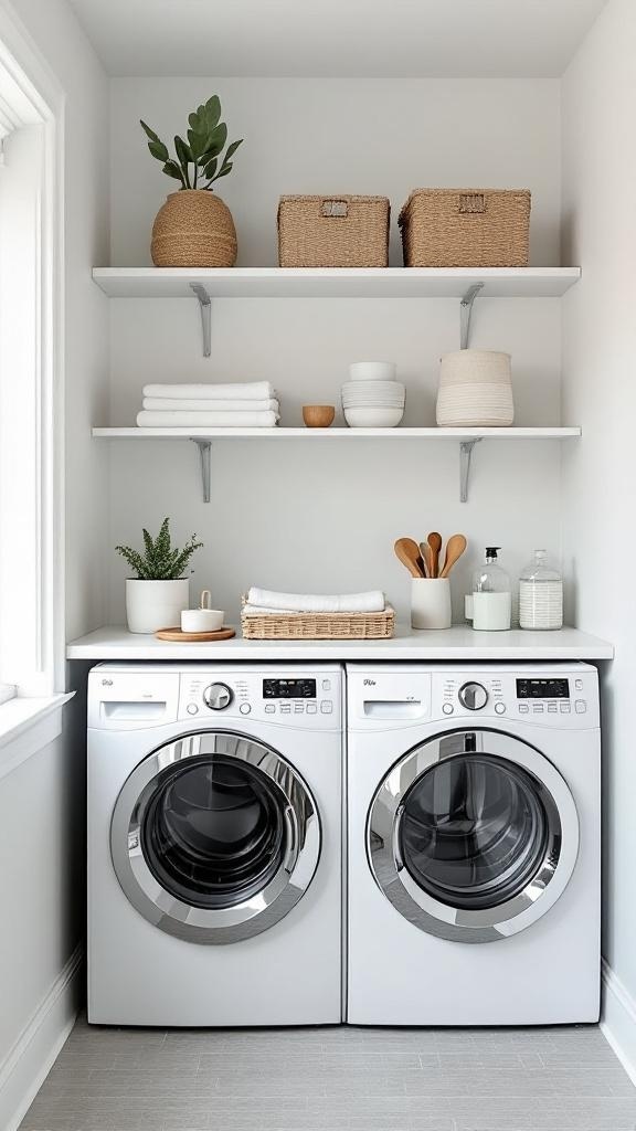 A modern laundry room featuring washing machines, a countertop, and organized shelves with baskets and plants.