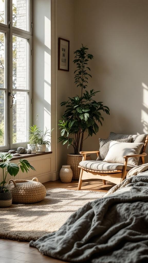A cozy bedroom with natural elements, featuring plants, a wooden chair, and soft textures.
