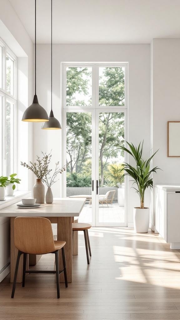 A minimalist dining room with large windows, natural light, and simple decor.