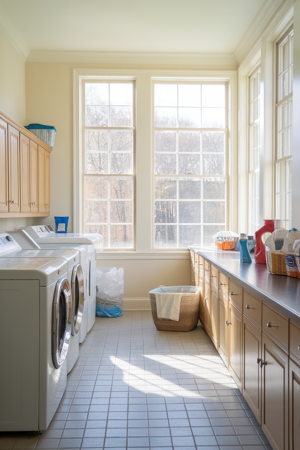 Bright laundry room with large windows and natural light