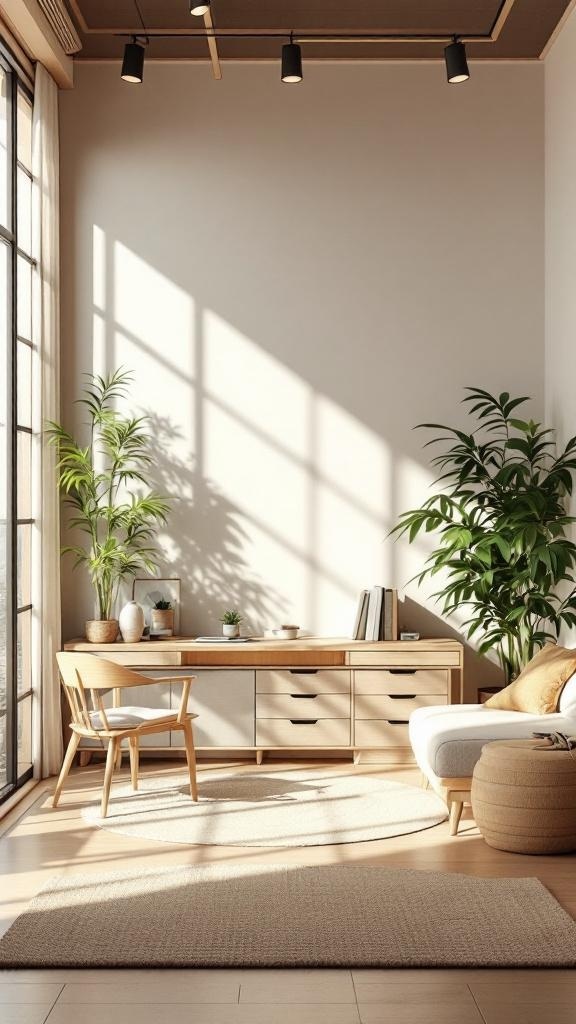A bright and calming Japandi home office featuring wooden furniture, plants, and soft textures.