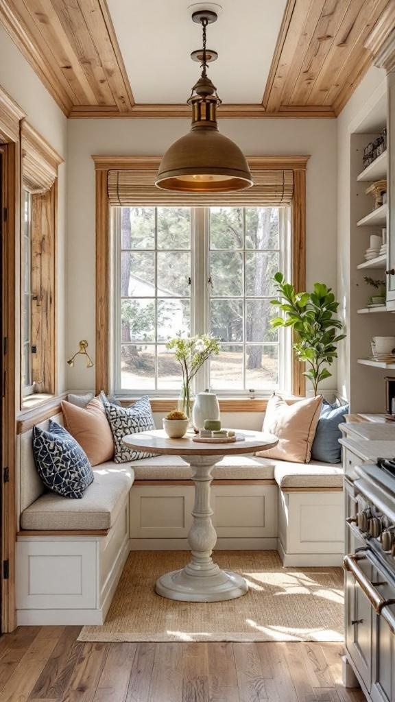 A cozy kitchen nook featuring a wooden table and chairs, open shelving with kitchen items, and plants for decoration.
