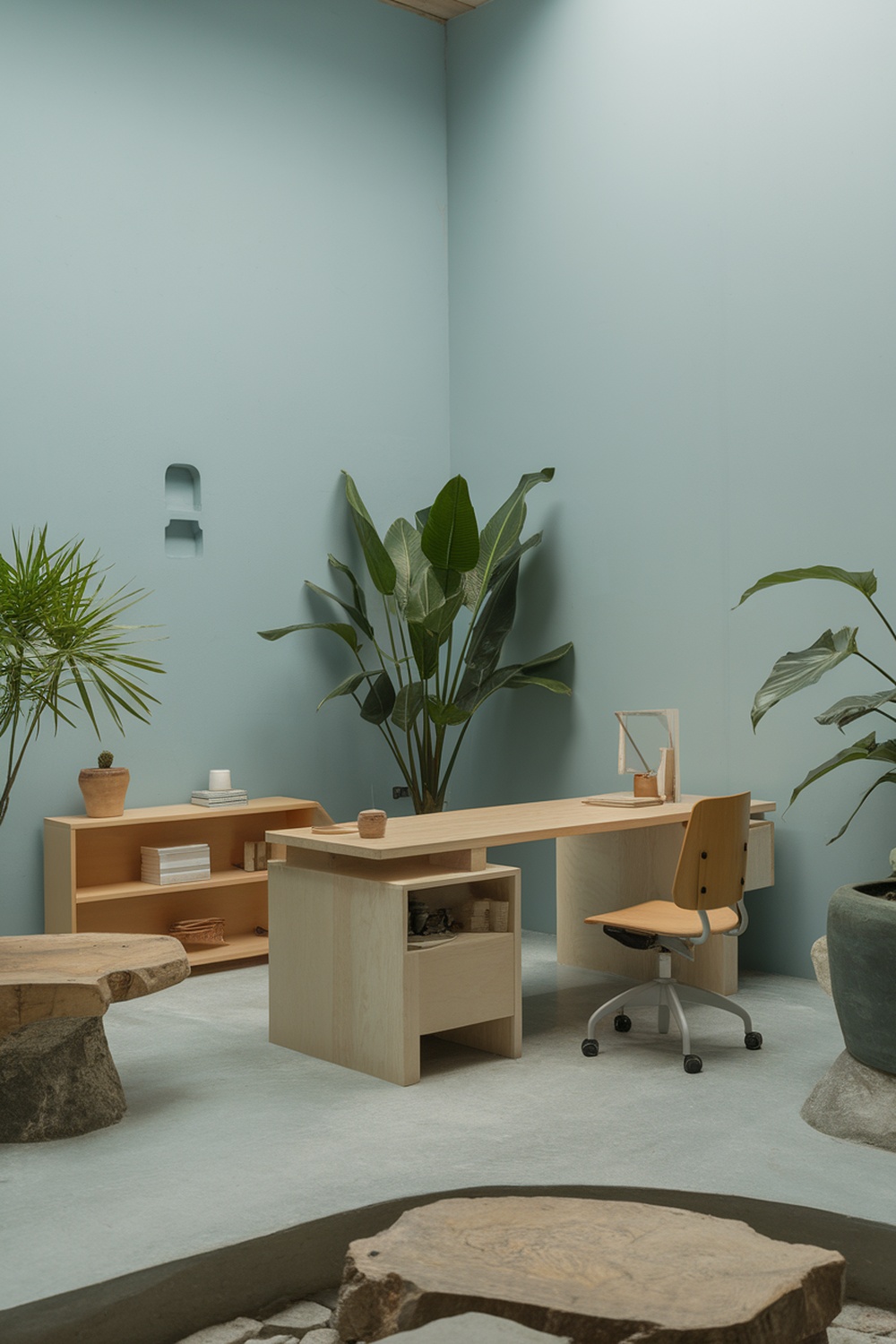Minimalist home office with blue walls and plants