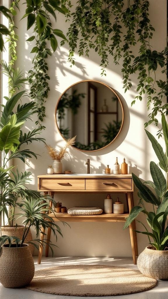 A nature-inspired vanity design featuring a wooden vanity, round mirror, and lush green plants.