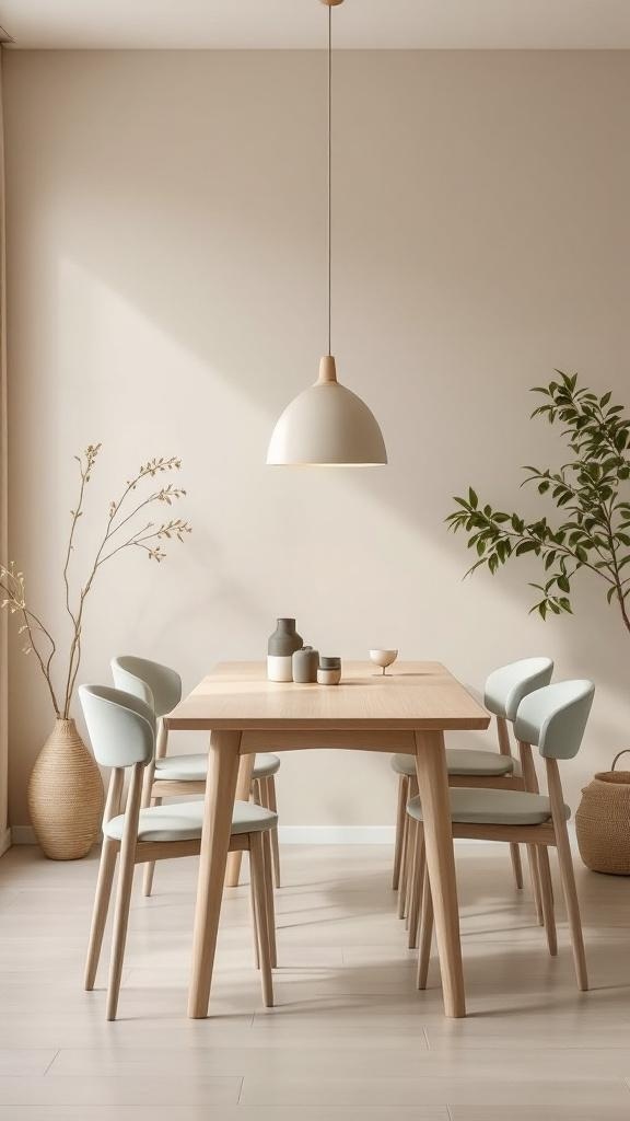 A minimalist dining room featuring a light wooden table, soft beige walls, and simple decor.