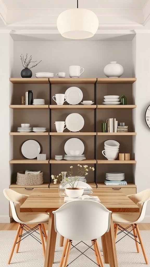 A minimalist dining room featuring open shelving with dishes and decorative items.