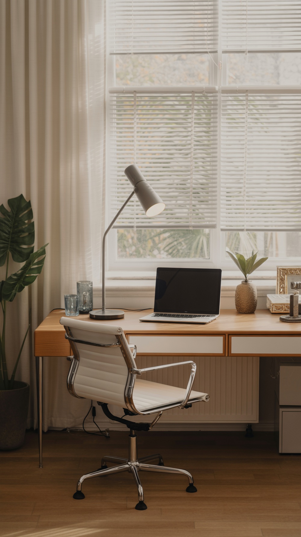 A modern home office setup with a desk, laptop, desk lamp, and plants, featuring natural light from a window.