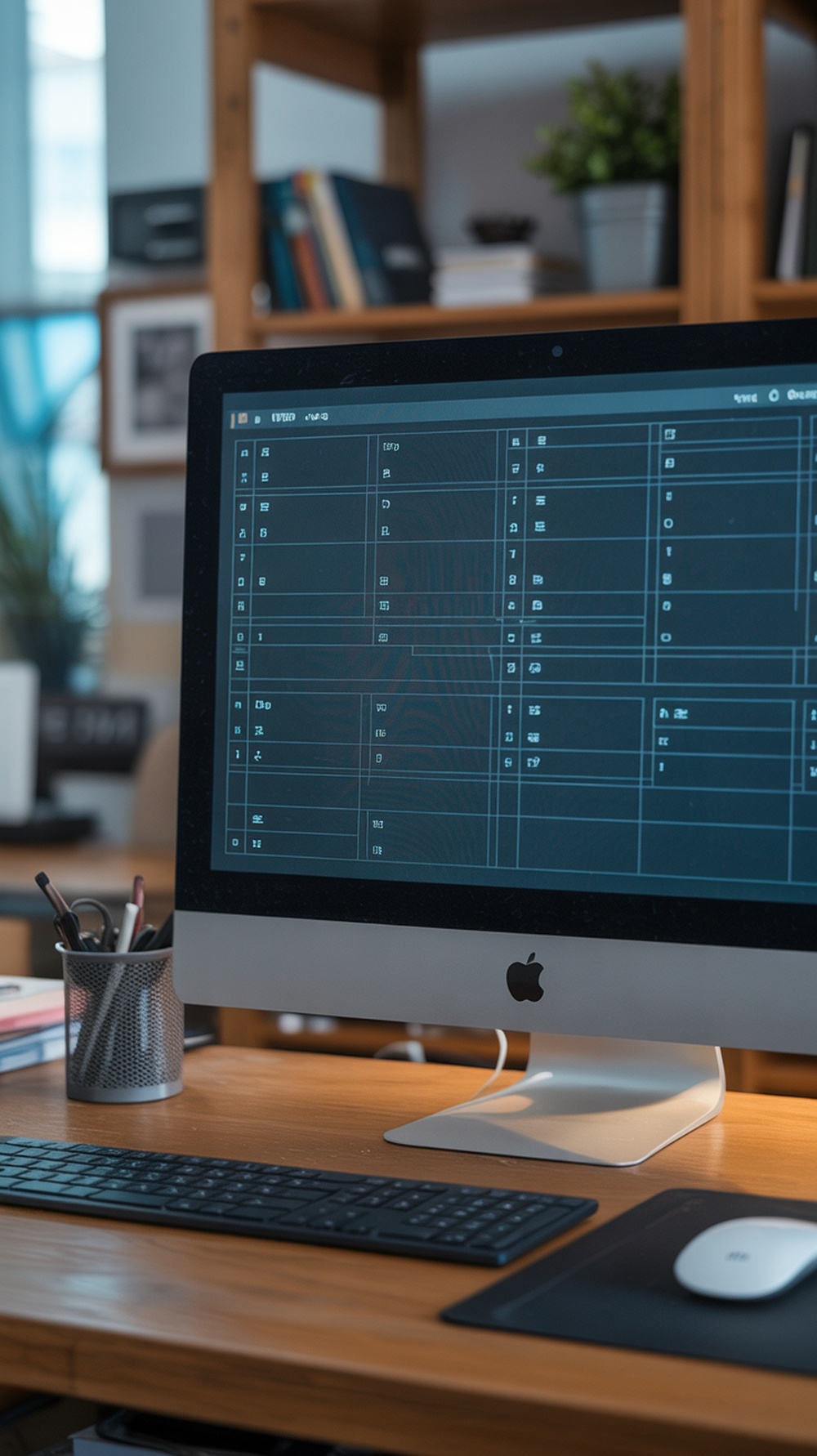 A modern home office setup with a computer displaying organized digital files.
