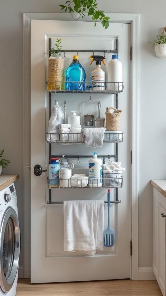 A well-organized over-the-door rack with laundry supplies, including detergent bottles and towels.