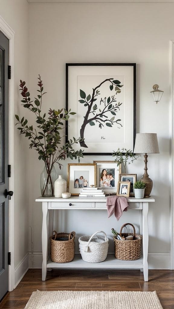 Stylish apartment entryway featuring family photos, plants, and decorative items on a console table.