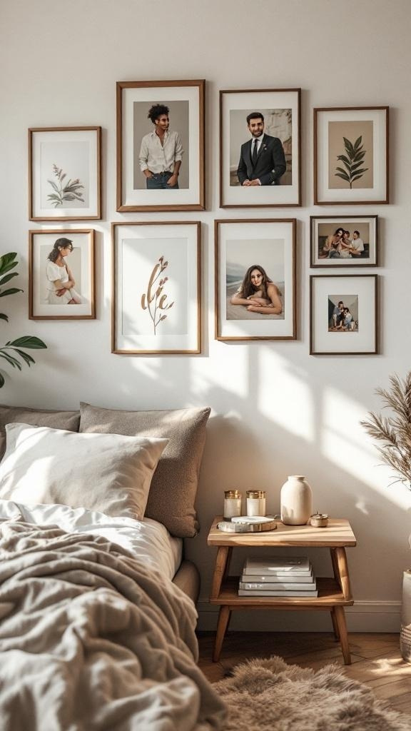 A cozy bedroom featuring a personalized artwork display with framed photos and botanical prints on the wall.