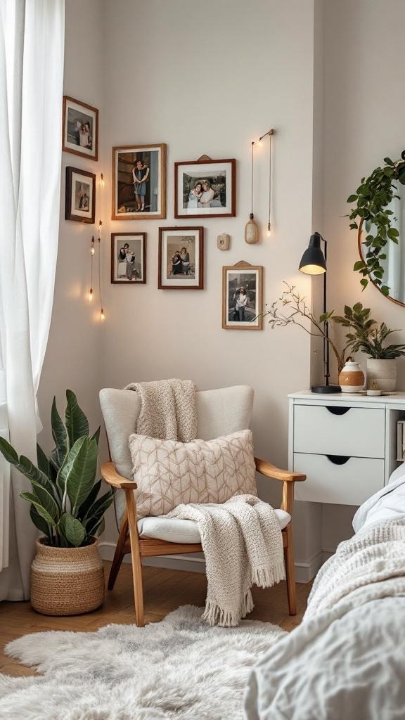 A cozy bedroom corner featuring a soft chair, framed photos on the wall, a plant, and warm lighting.