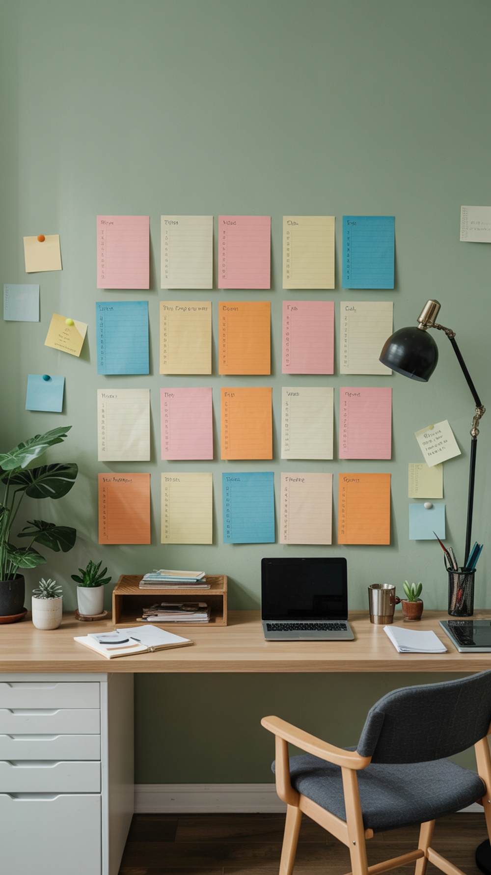 A home office wall with colorful sticky notes organized as task management boards, showcasing a neat workspace.