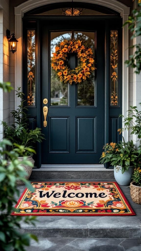 A colorful welcome mat with floral design at an apartment entryway, in front of a dark door adorned with a wreath.