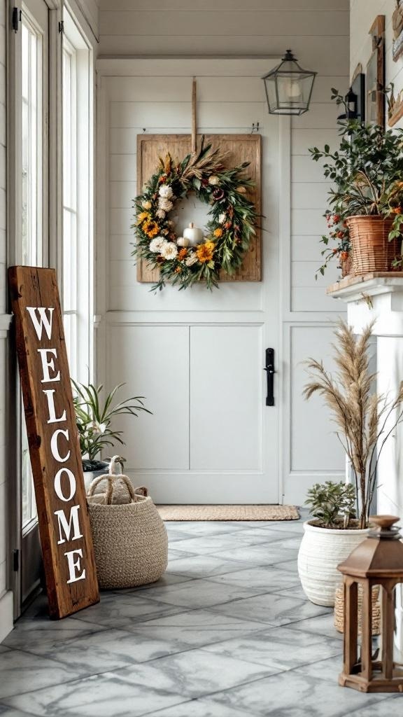 A farmhouse entryway with a wooden welcome sign, a floral wreath, and decorative plants.
