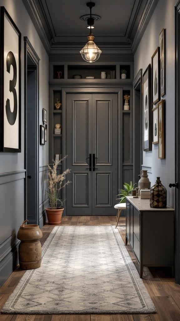 Stylish grey hallway with decor elements like framed art, plants, and a rug.