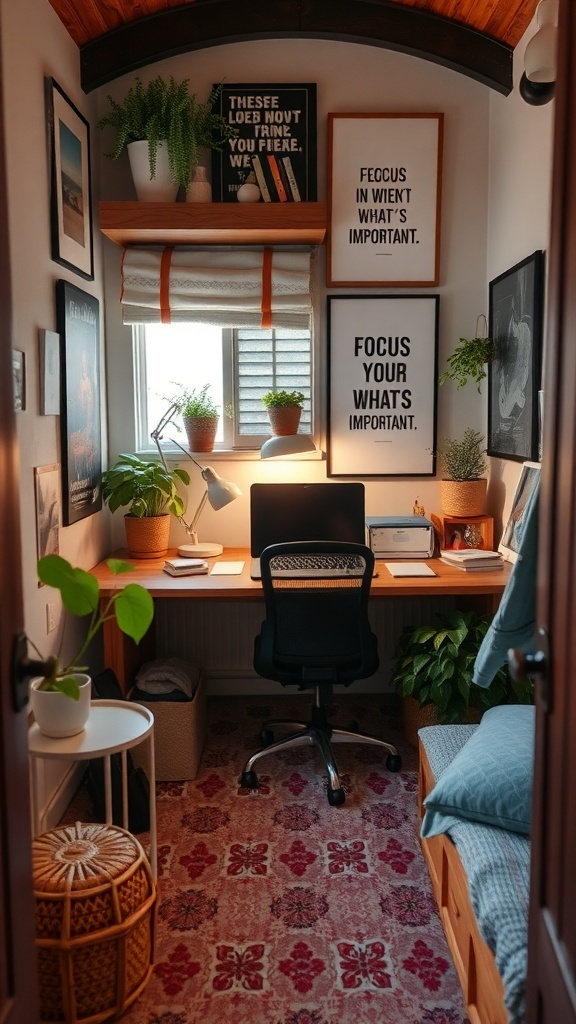 A cozy tiny home office with plants, wall art, and a clean desk setup.