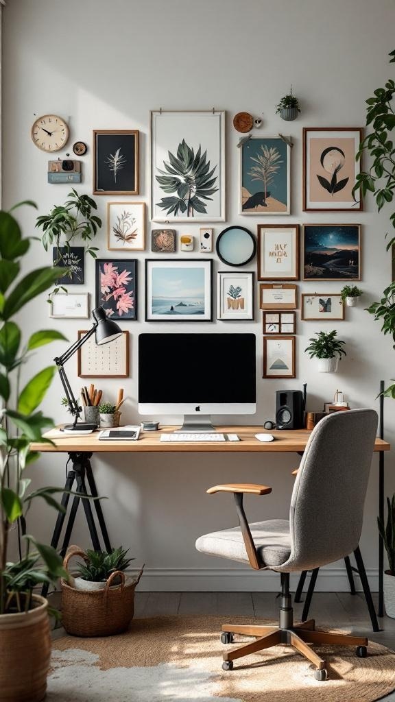 A stylish Japandi home office featuring a desk, computer, and an art-filled wall.